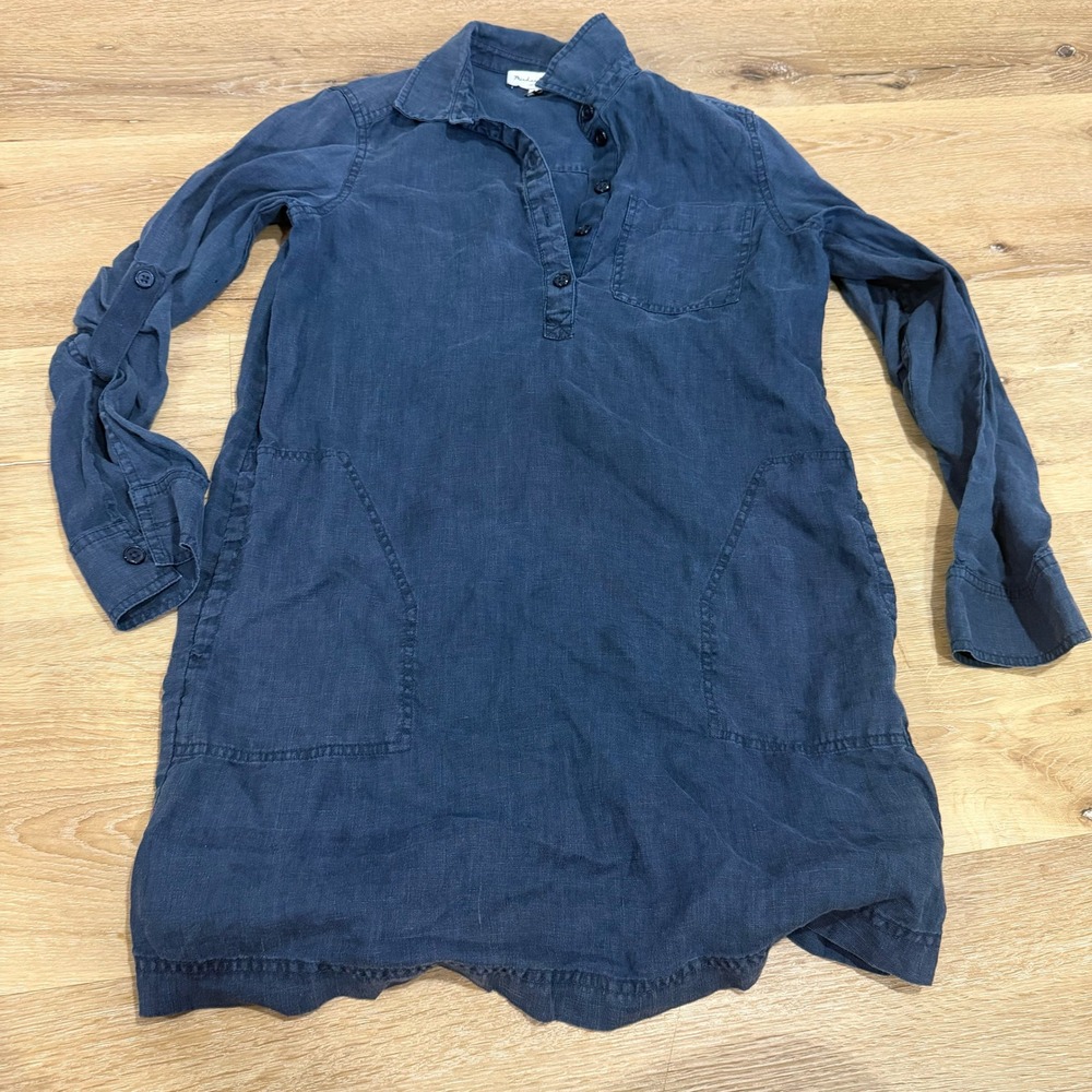 Michael Stars Navy Blue 100% Linen Shirt Dress XS Long Sleeve Tunic WNT83